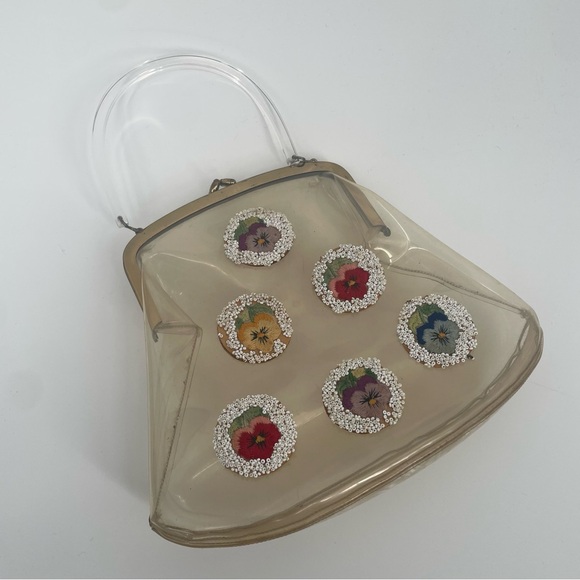 Vintage Lucite Handle Clear Plastic 40s/50s Handbag With Flowers & Beads - Picture 6 of 12